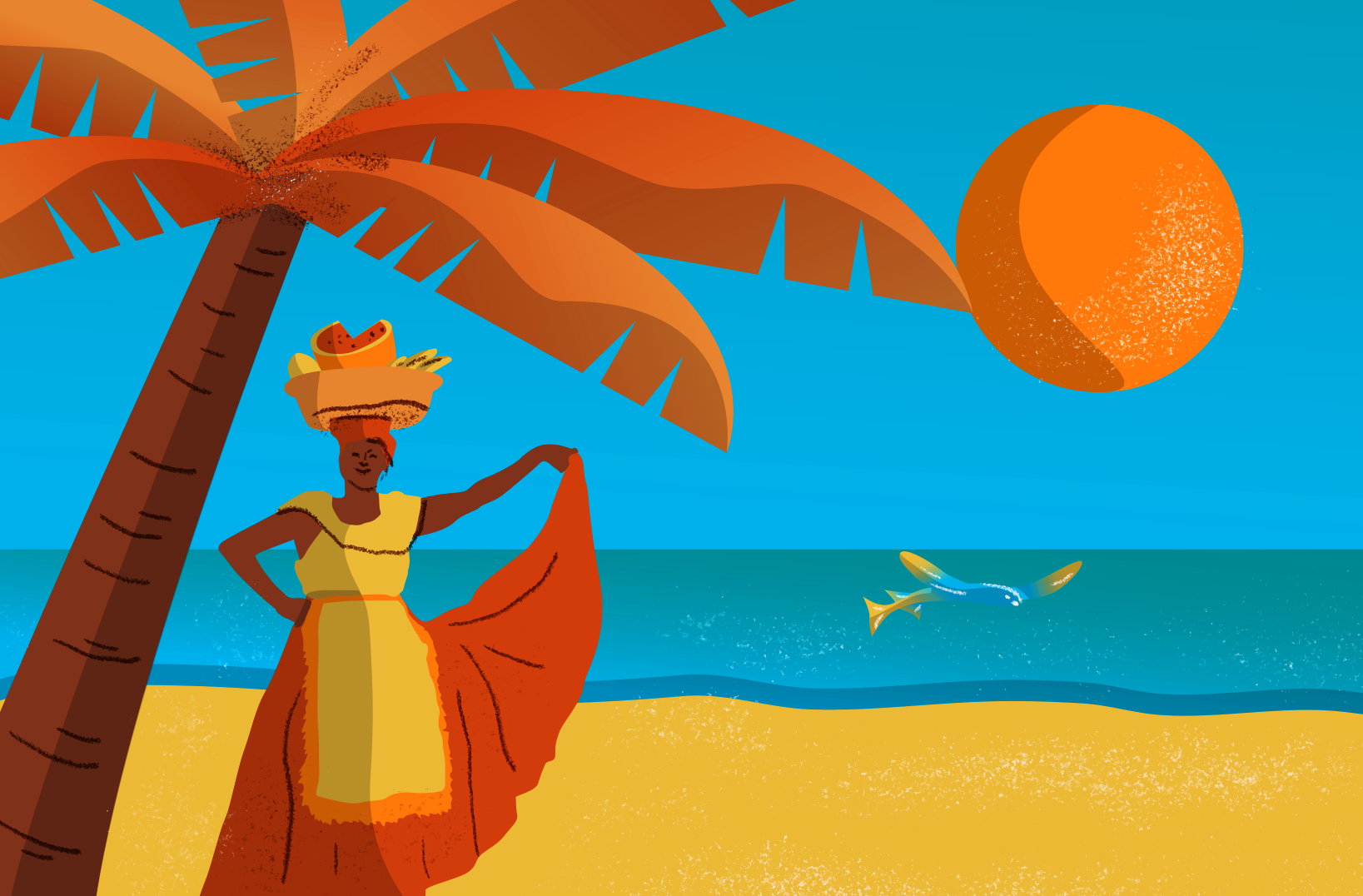 Barbados Beach Scene with colourful lady with grapefruit basket on her head and a palm tree
