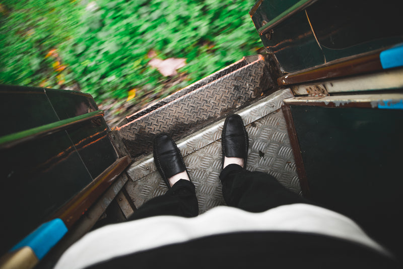 Person looking at their feet by a moving train door with green foliage underneath carriage